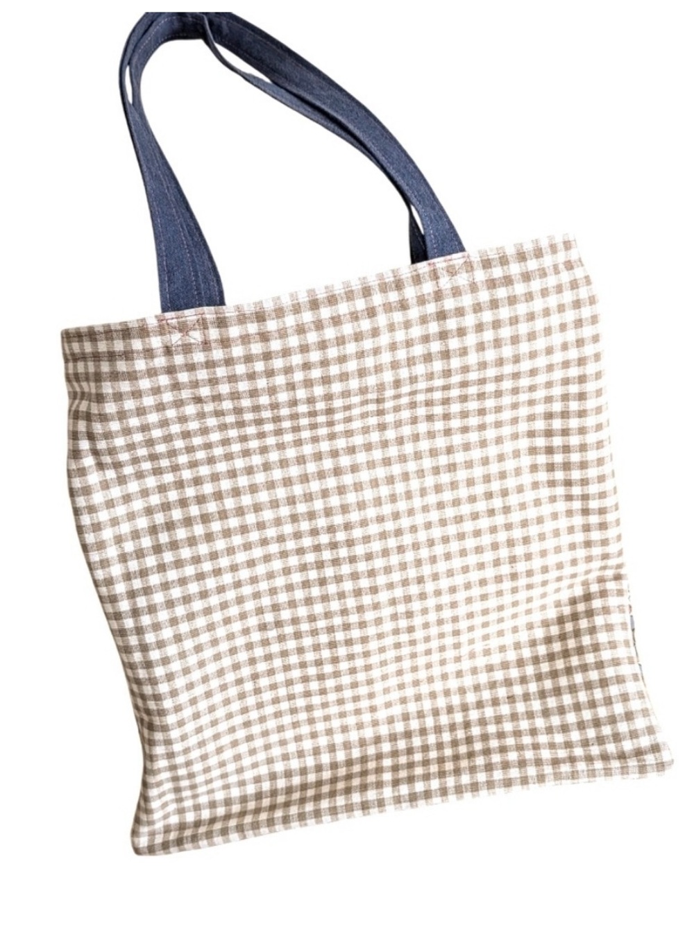 Handmade Floral and Gingham Canvas Tote Bag with Denim Pocket - Picture 2 of 4